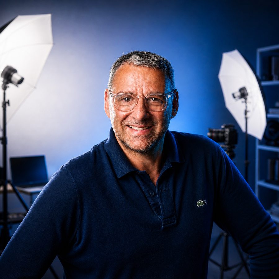Laurent, fondateur de Laurimages, dans son studio photo à Paris